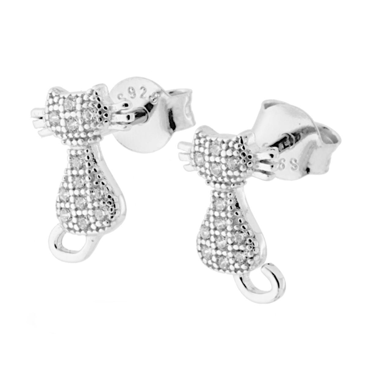 Parure Set Ciondolo e Orecchini Gatto con Zirconi Bianco in ARGENTO 925 Galvanica Rodio