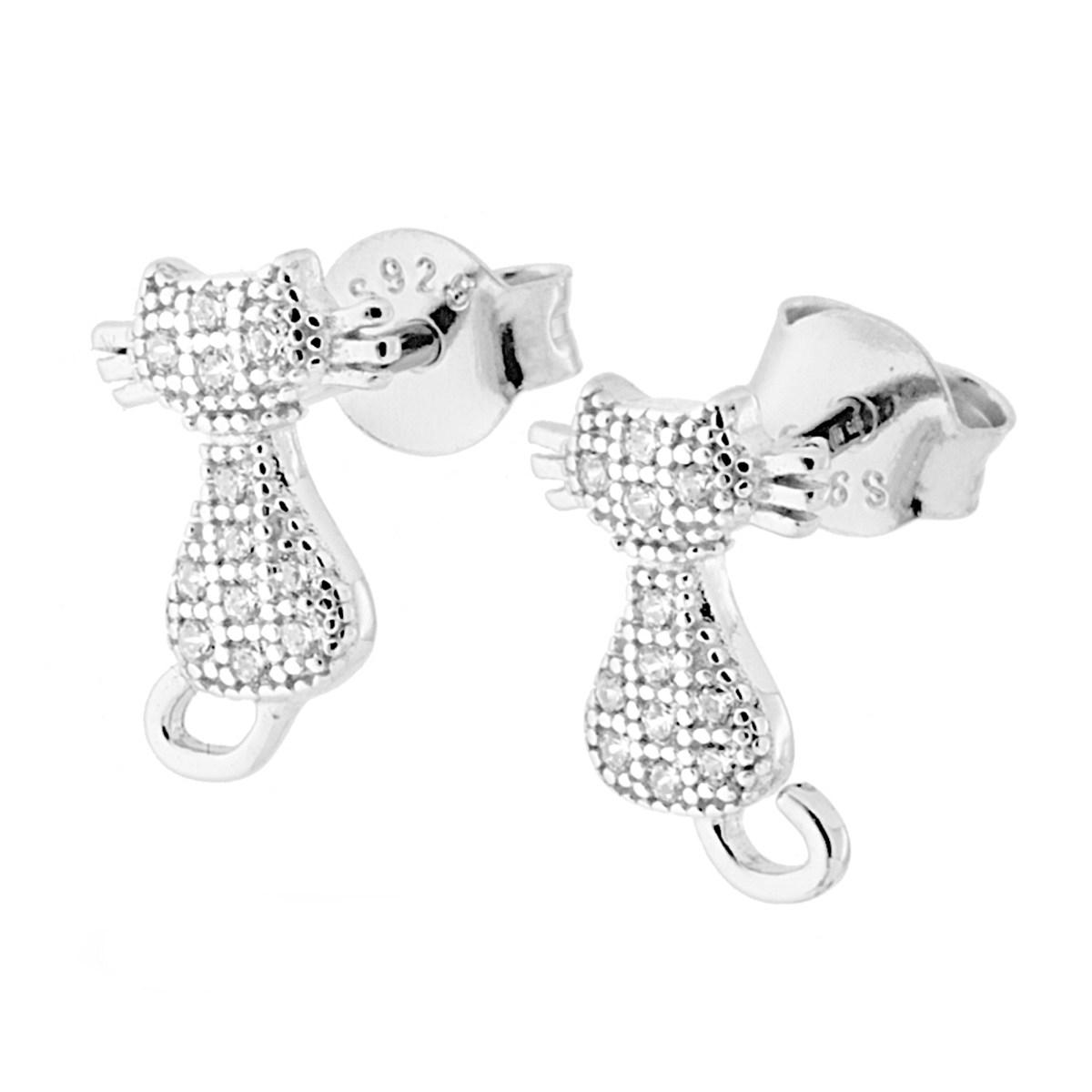 Parure Set Ciondolo e Orecchini Gatto con Zirconi Bianco in ARGENTO 925 Galvanica Rodio