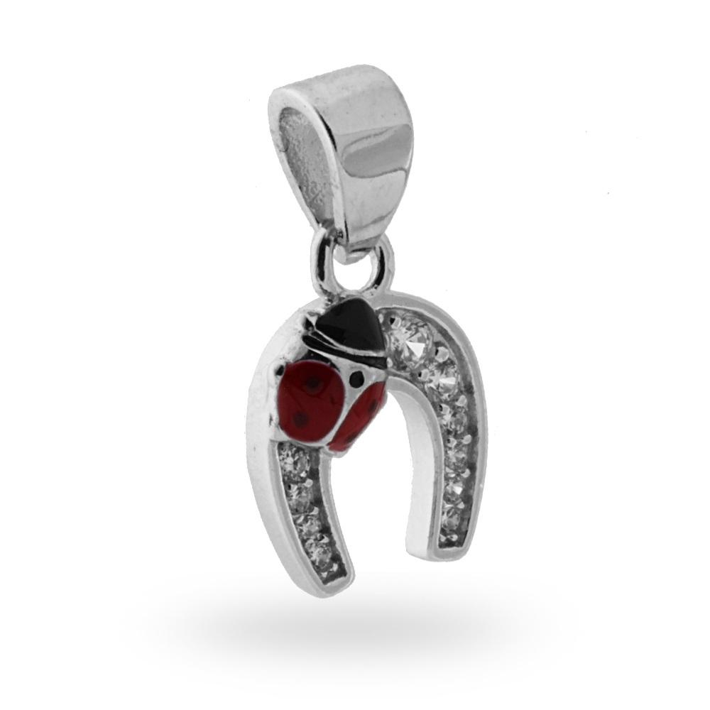Ciondolo Portafortuna Ferro di Cavallo Coccinella smalto Rosso con Zirconi Bianco in ARGENTO 925 Galvanica Rodio