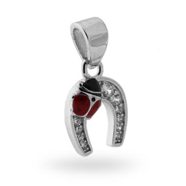 Ciondolo Portafortuna Ferro di Cavallo Coccinella smalto Rosso con Zirconi Bianco in ARGENTO 925 Galvanica Rodio