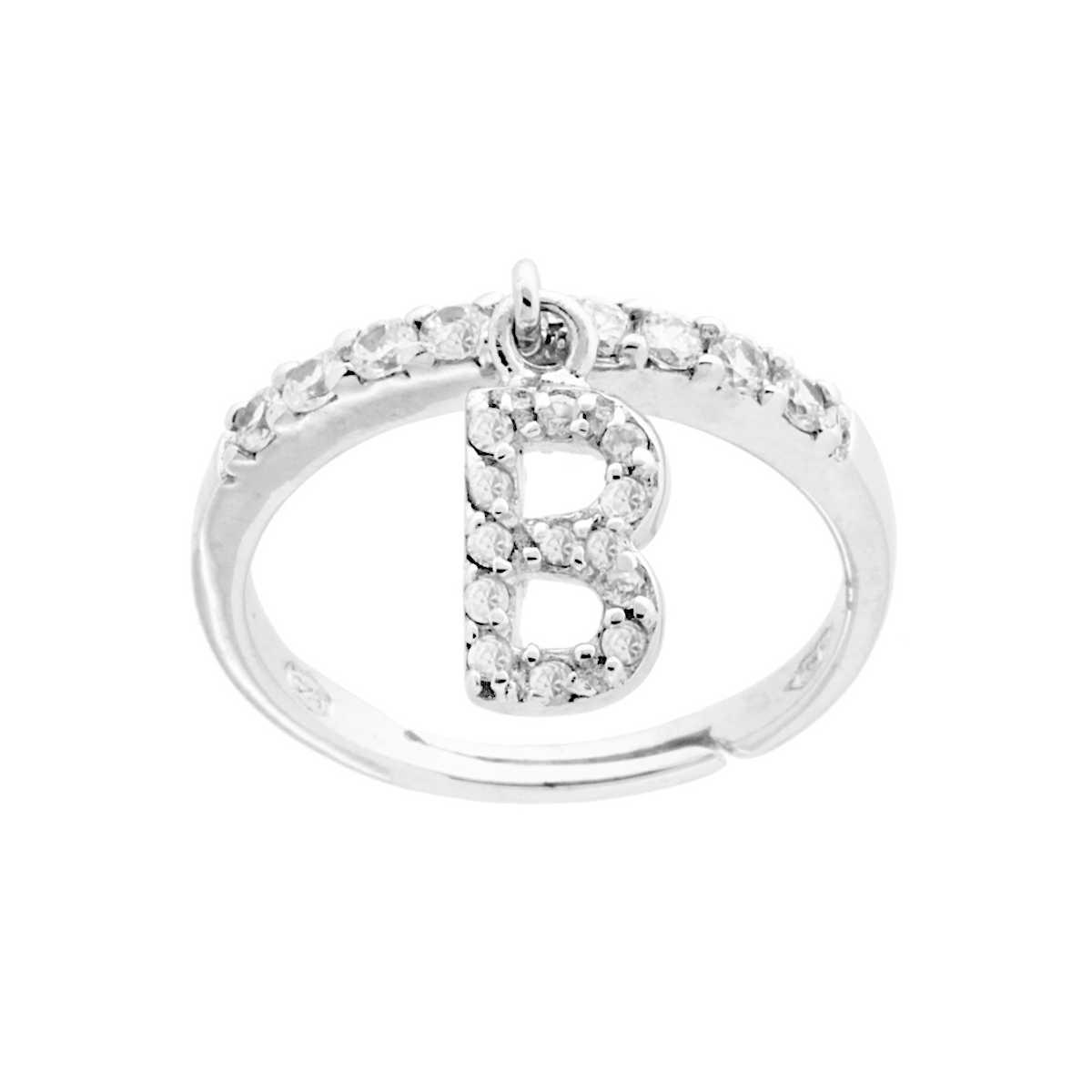 Anello Veretta con Lettera Iniziale pendente con Zirconi Bianchi in ARGENTO 925 Galvanica Rodio