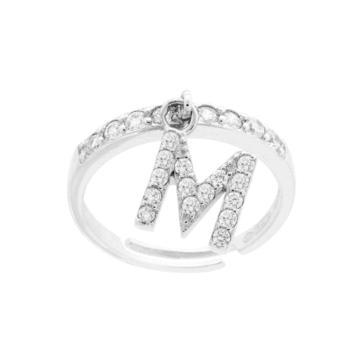 Anello Veretta con Lettera Iniziale pendente con Zirconi Bianchi in ARGENTO 925 Galvanica Rodio