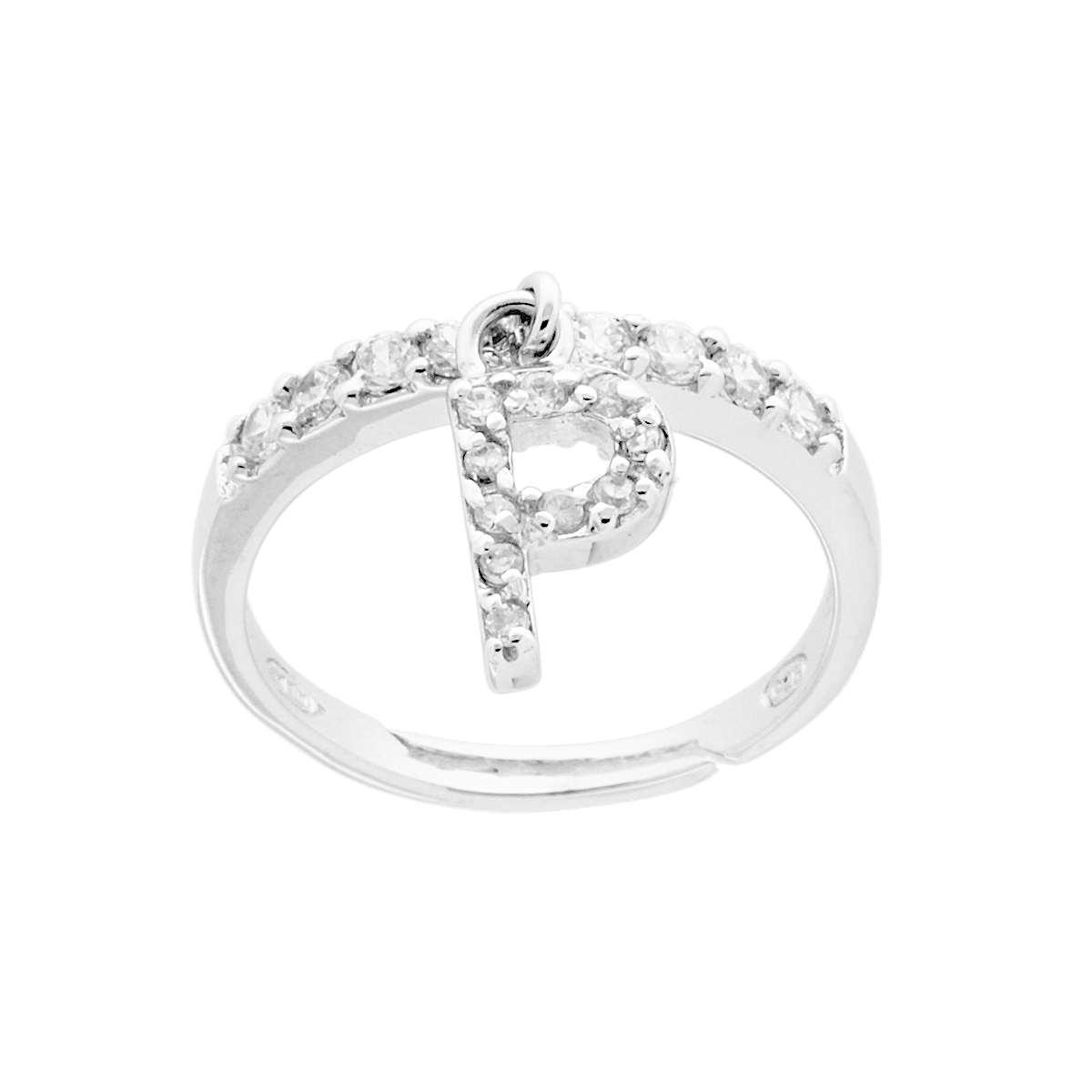 Anello Veretta con Lettera Iniziale pendente con Zirconi Bianchi in ARGENTO 925 Galvanica Rodio