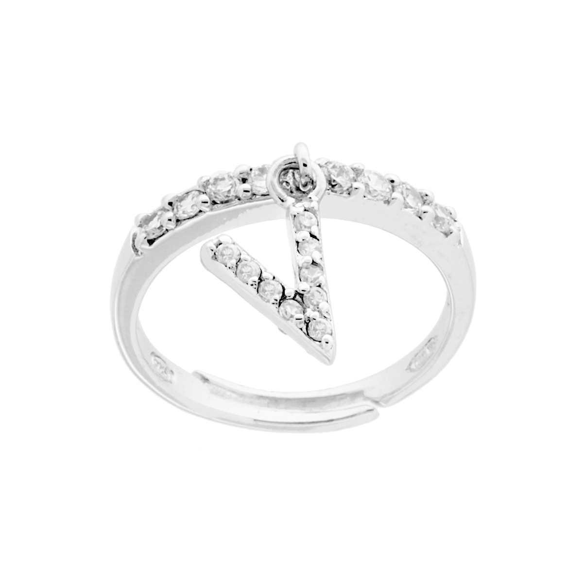 Anello Veretta con Lettera Iniziale pendente con Zirconi Bianchi in ARGENTO 925 Galvanica Rodio