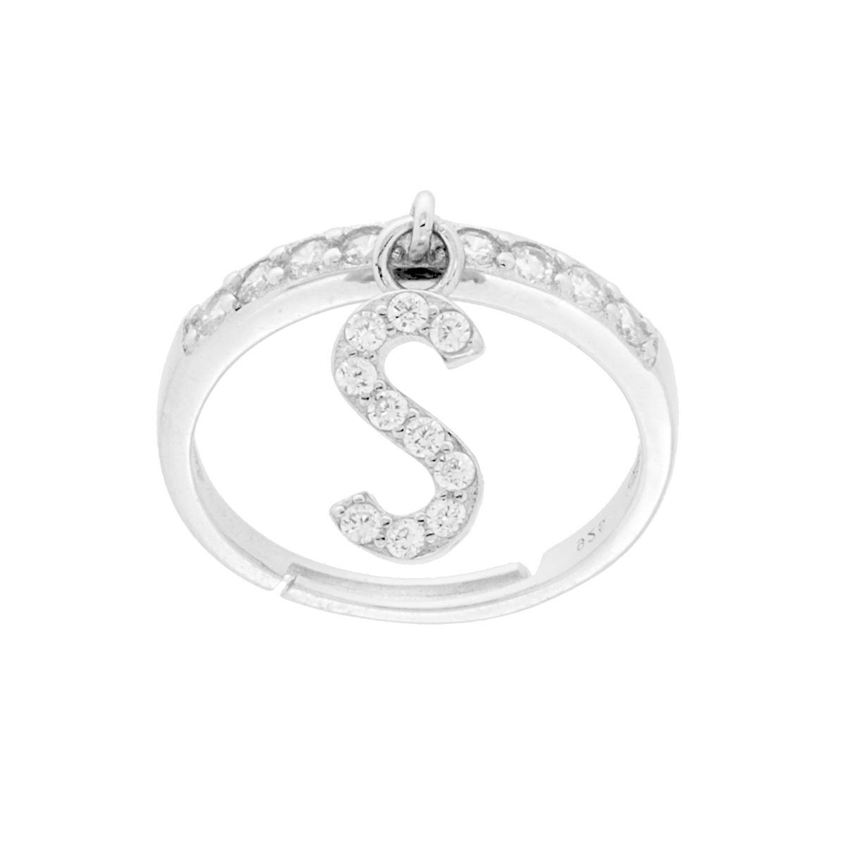 Anello Veretta con Lettera Iniziale pendente con Zirconi Bianchi in ARGENTO 925 Galvanica Rodio