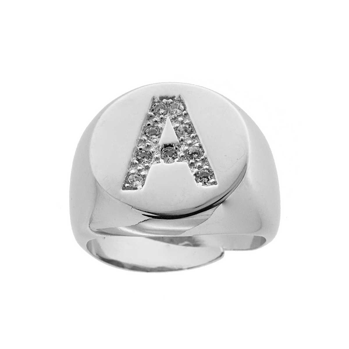 Anello Chevalier plain con Lettera Zirconi Bianchi in ARGENTO 925 Galvanica Rodio