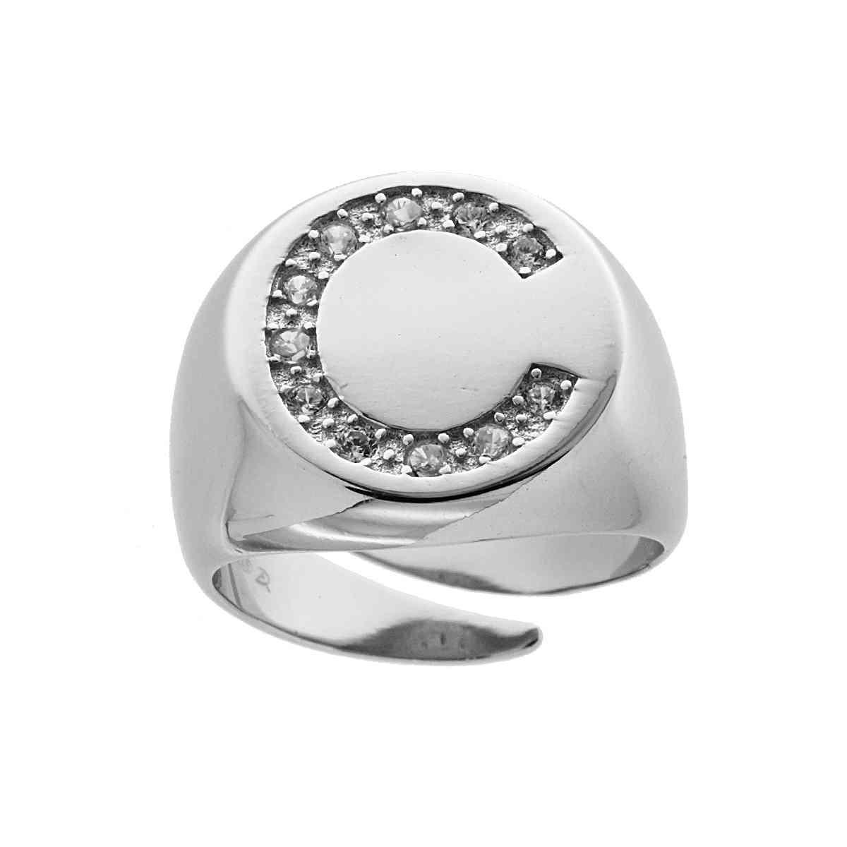 Anello Chevalier plain con Lettera Zirconi Bianchi in ARGENTO 925 Galvanica Rodio