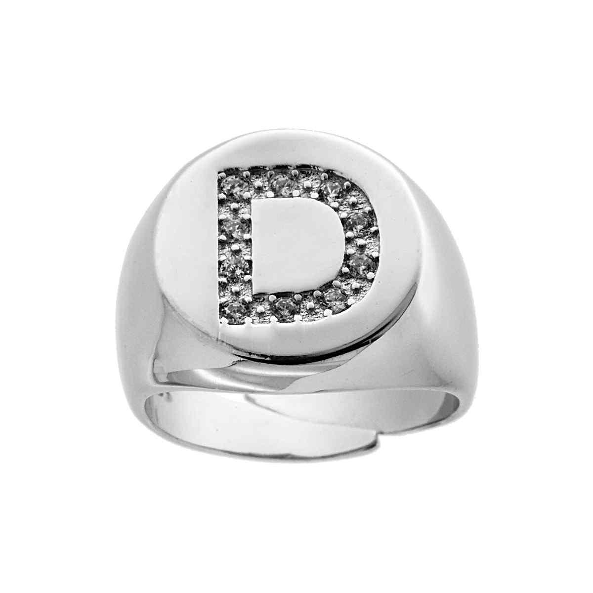 Anello Chevalier plain con Lettera Zirconi Bianchi in ARGENTO 925 Galvanica Rodio