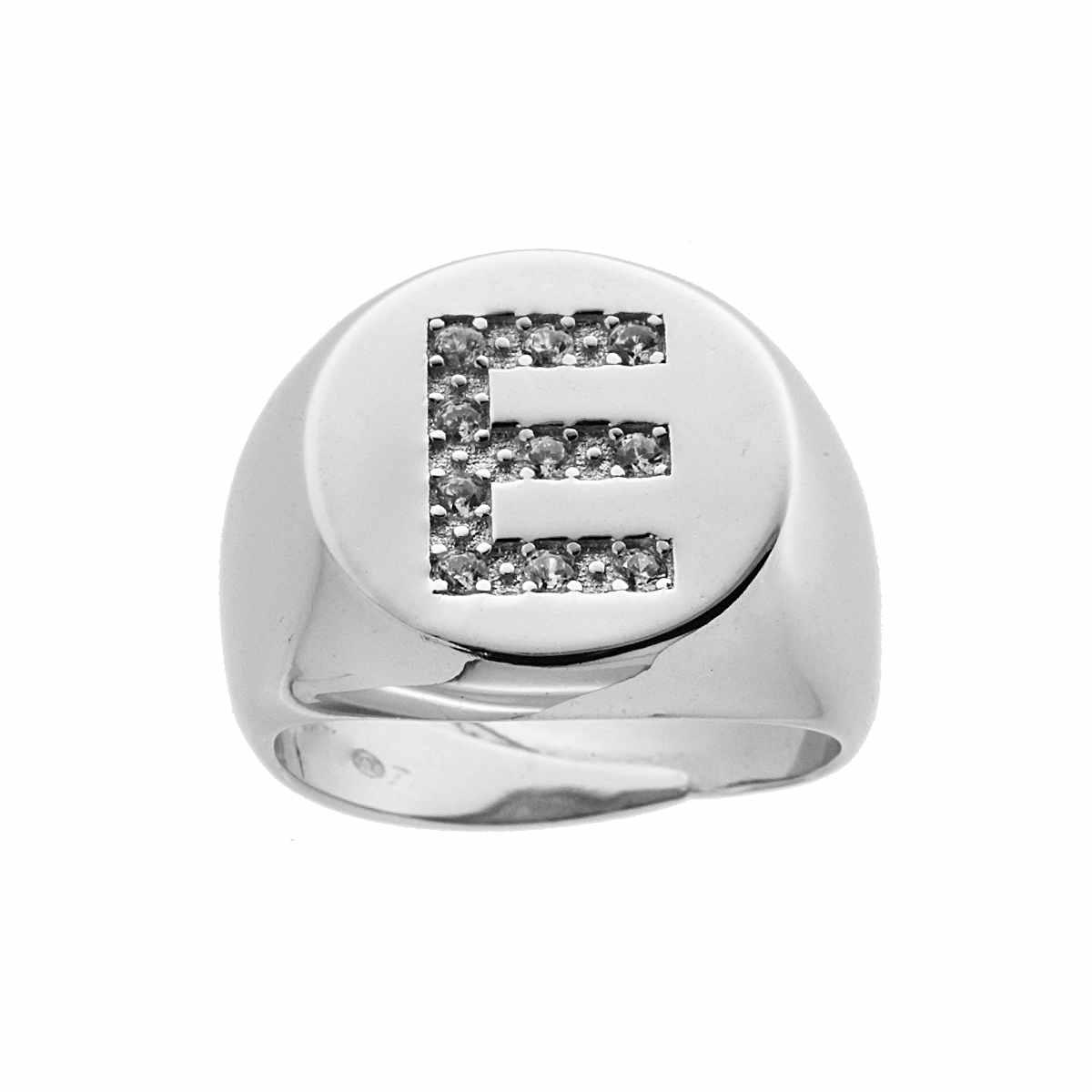 Anello Chevalier plain con Lettera Zirconi Bianchi in ARGENTO 925 Galvanica Rodio