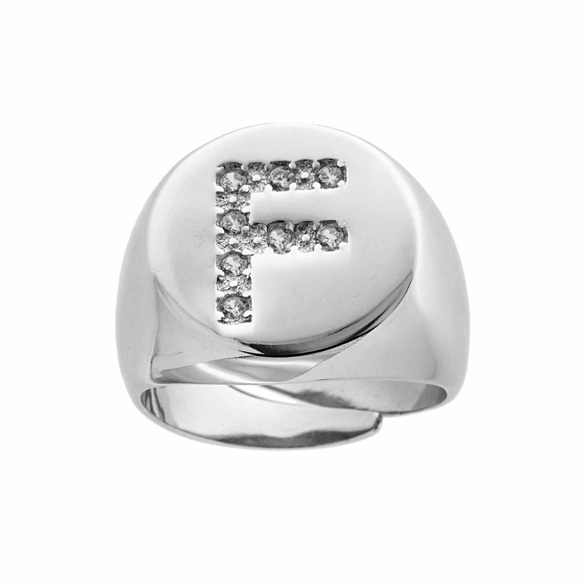 Anello Chevalier plain con Lettera Zirconi Bianchi in ARGENTO 925 Galvanica Rodio