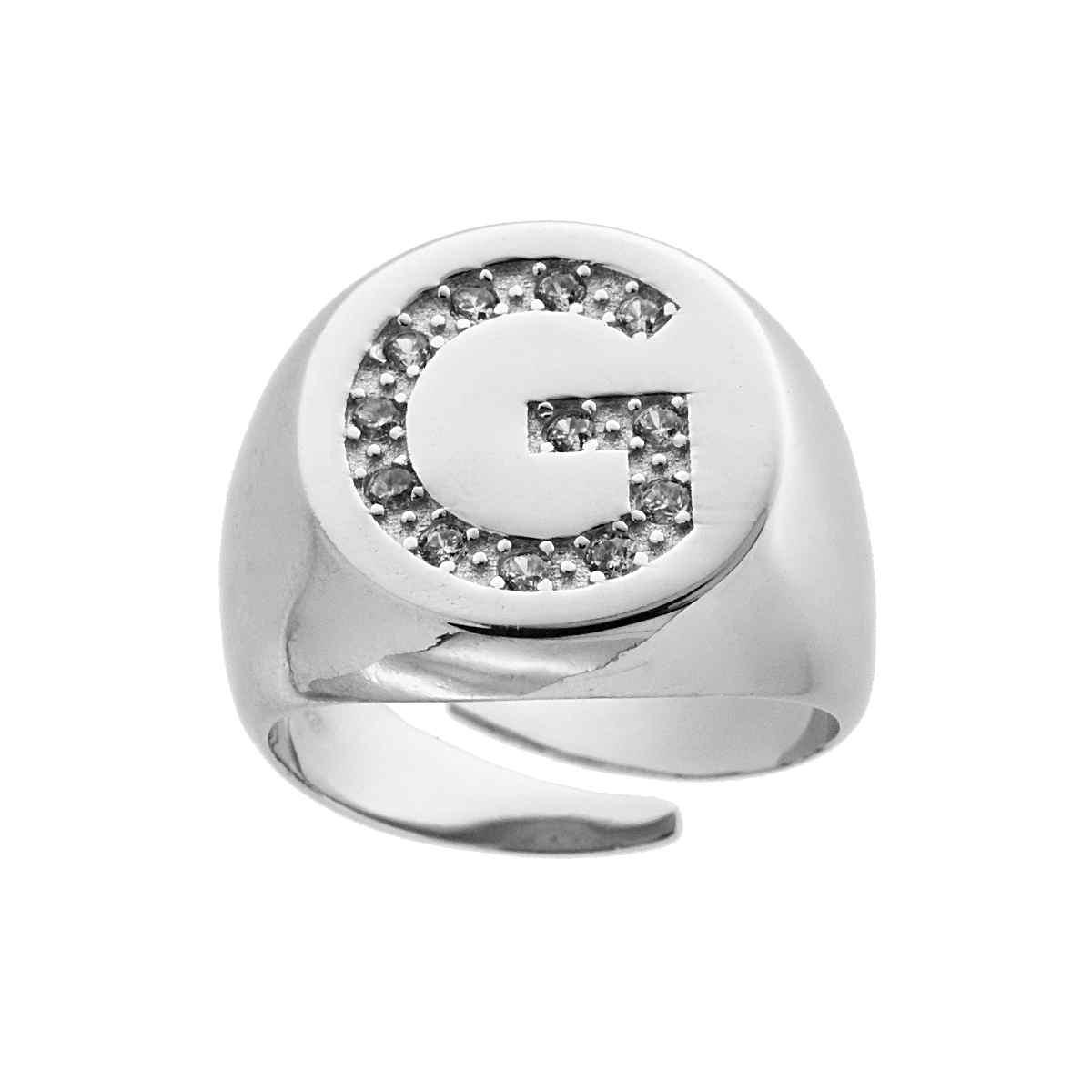 Anello Chevalier plain con Lettera Zirconi Bianchi in ARGENTO 925 Galvanica Rodio