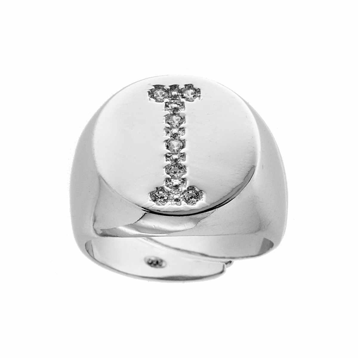 Anello Chevalier plain con Lettera Zirconi Bianchi in ARGENTO 925 Galvanica Rodio