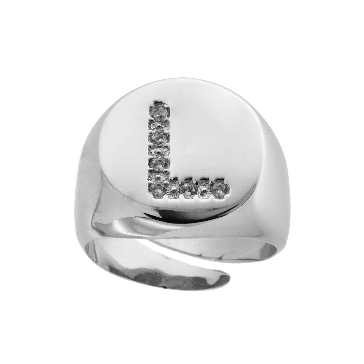 Anello Chevalier plain con Lettera Zirconi Bianchi in ARGENTO 925 Galvanica Rodio