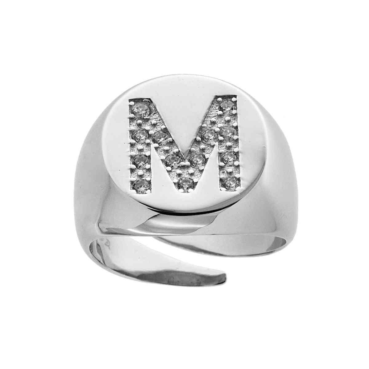 Anello Chevalier plain con Lettera Zirconi Bianchi in ARGENTO 925 Galvanica Rodio