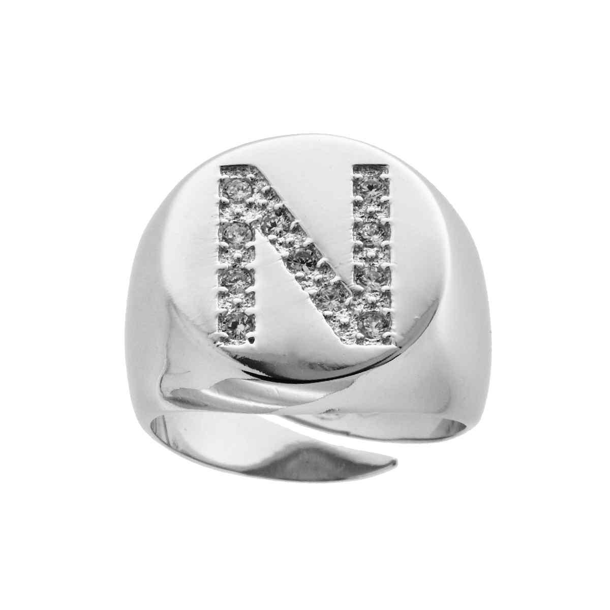 Anello Chevalier plain con Lettera Zirconi Bianchi in ARGENTO 925 Galvanica Rodio