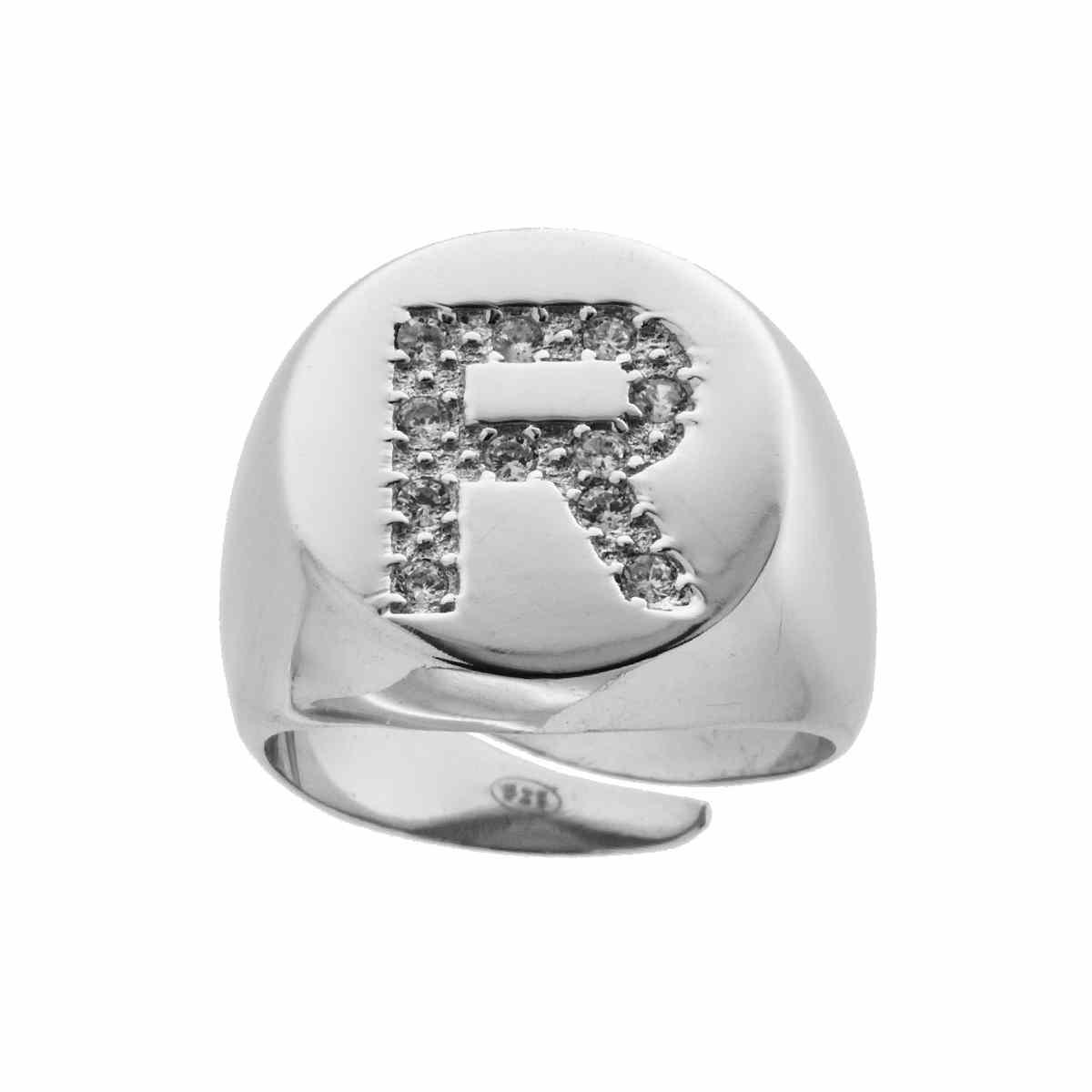 Anello Chevalier plain con Lettera Zirconi Bianchi in ARGENTO 925 Galvanica Rodio