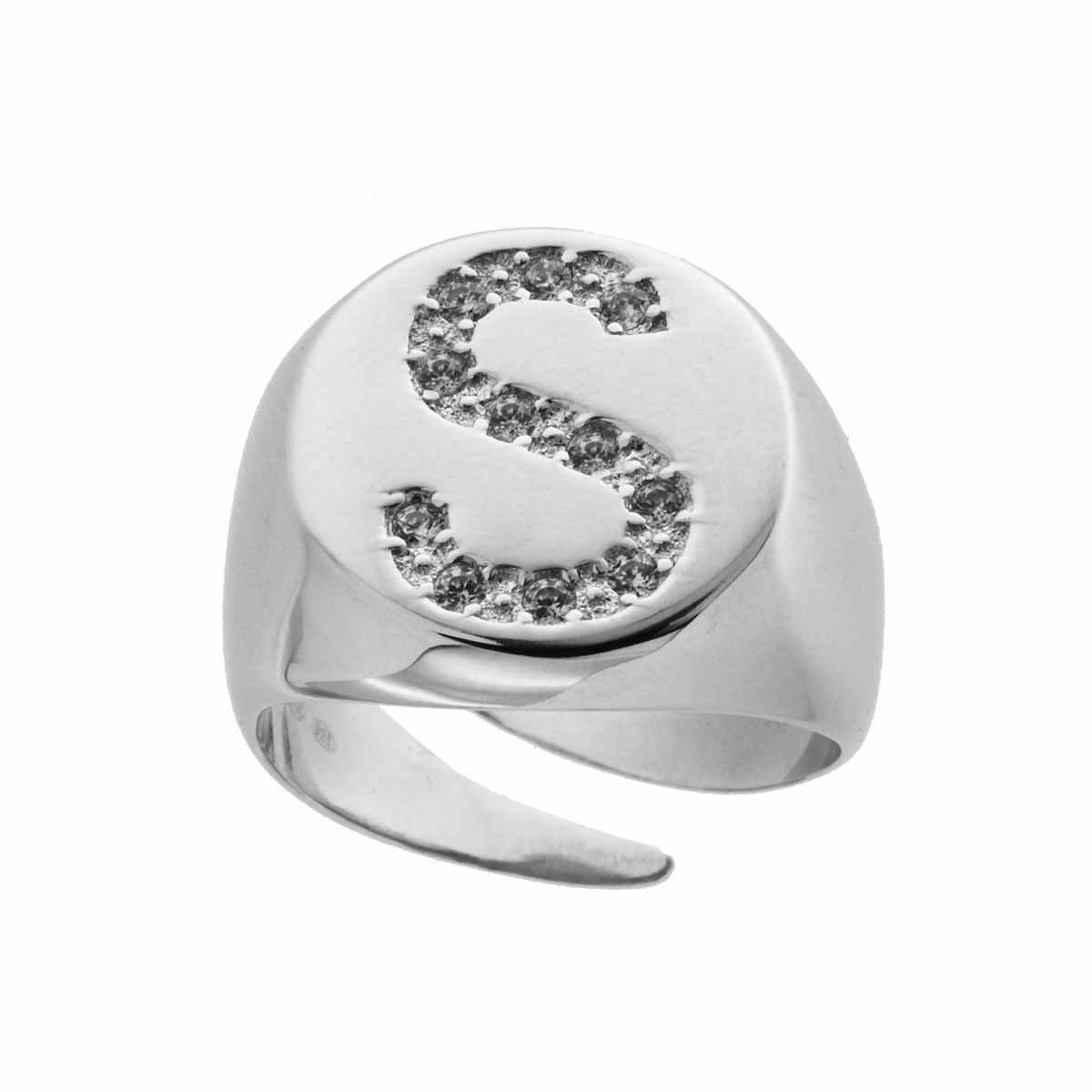Anello Chevalier plain con Lettera Zirconi Bianchi in ARGENTO 925 Galvanica Rodio