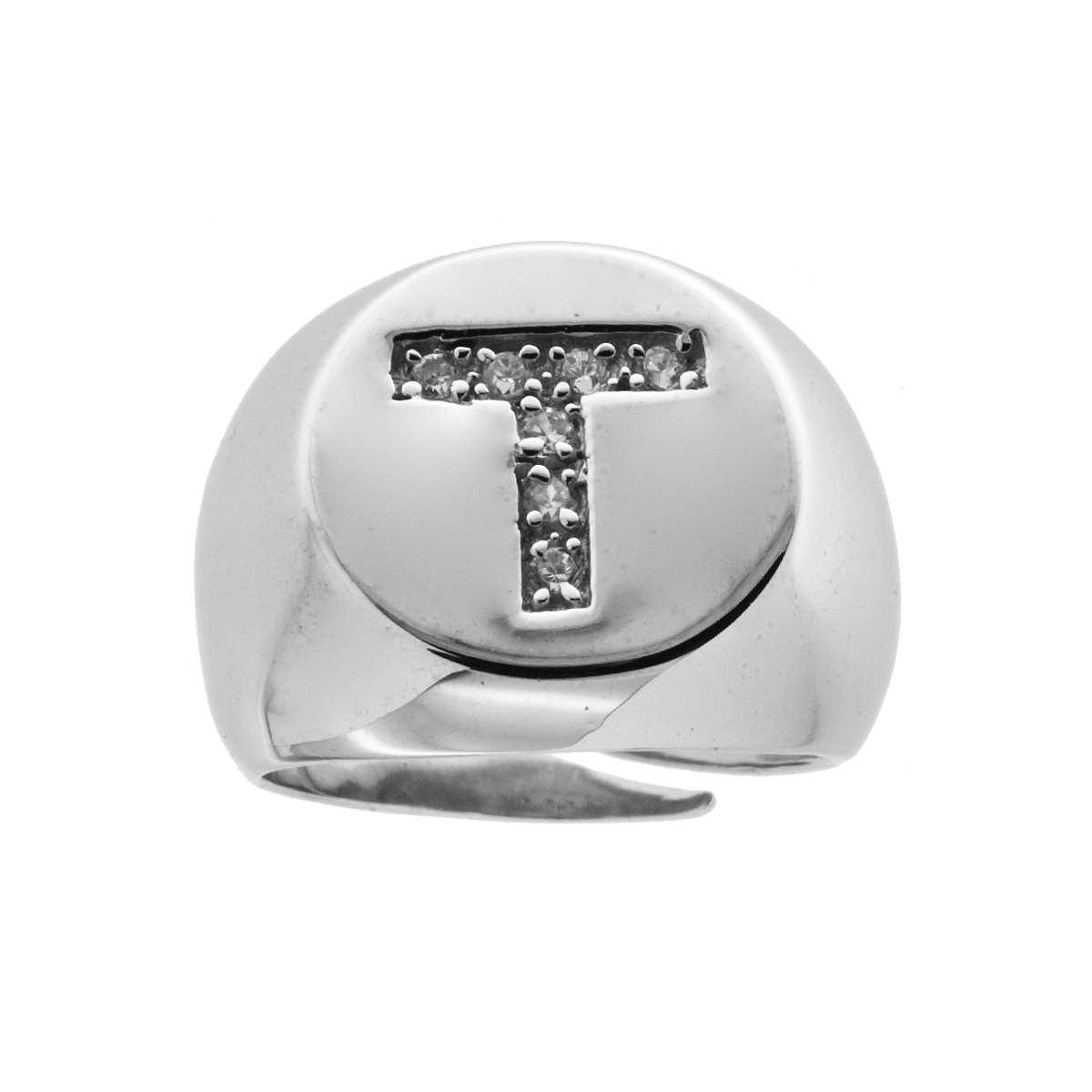 Anello Chevalier plain con Lettera Zirconi Bianchi in ARGENTO 925 Galvanica Rodio