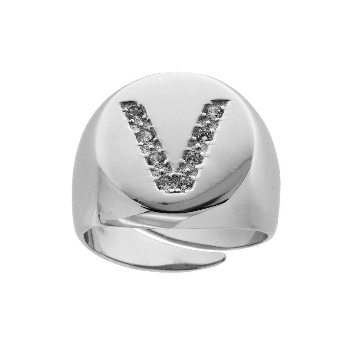 Anello Chevalier plain con Lettera Zirconi Bianchi in ARGENTO 925 Galvanica Rodio