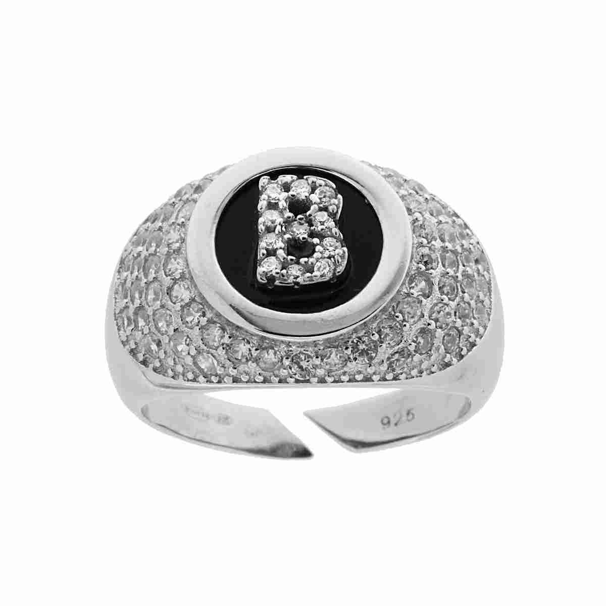 Anello Fascione Zirconi Bianchi con Lettera Zirconi Bianchi su fondo nero in ARGENTO 925 Galvanica Rodio