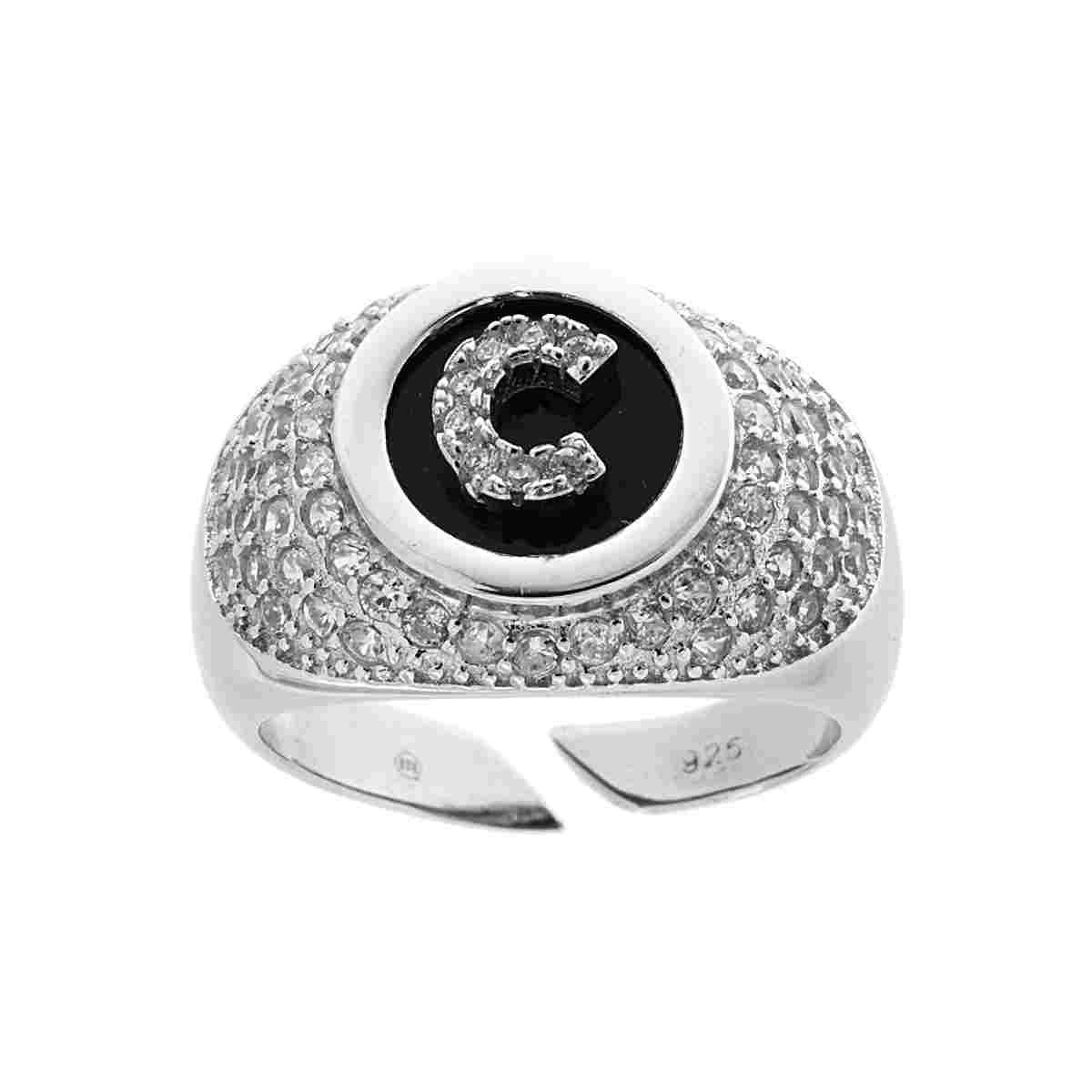 Anello Fascione Zirconi Bianchi con Lettera Zirconi Bianchi su fondo nero in ARGENTO 925 Galvanica Rodio