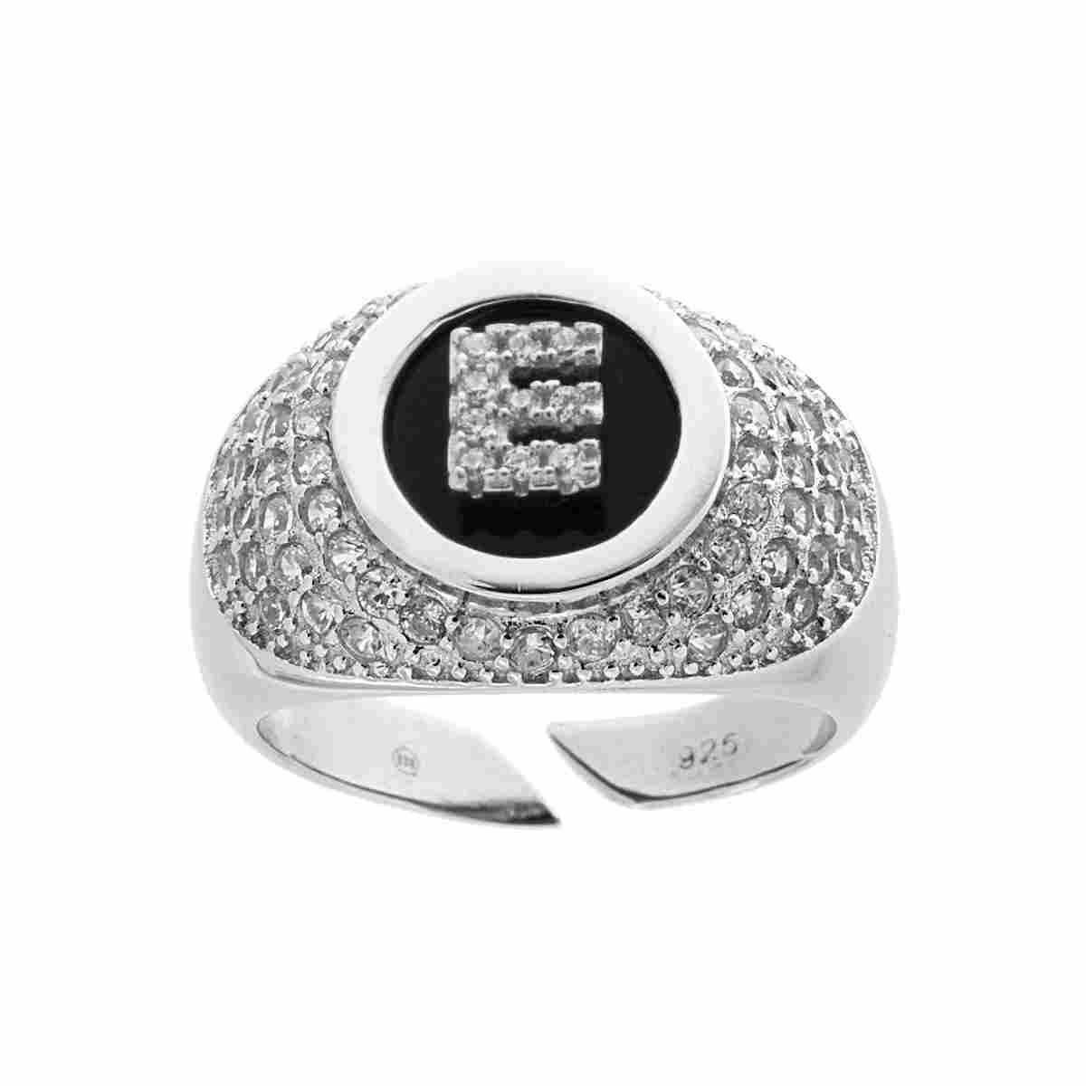 Anello Fascione Zirconi Bianchi con Lettera Zirconi Bianchi su fondo nero in ARGENTO 925 Galvanica Rodio