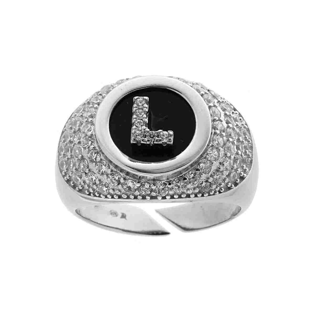 Anello Fascione Zirconi Bianchi con Lettera Zirconi Bianchi su fondo nero in ARGENTO 925 Galvanica Rodio