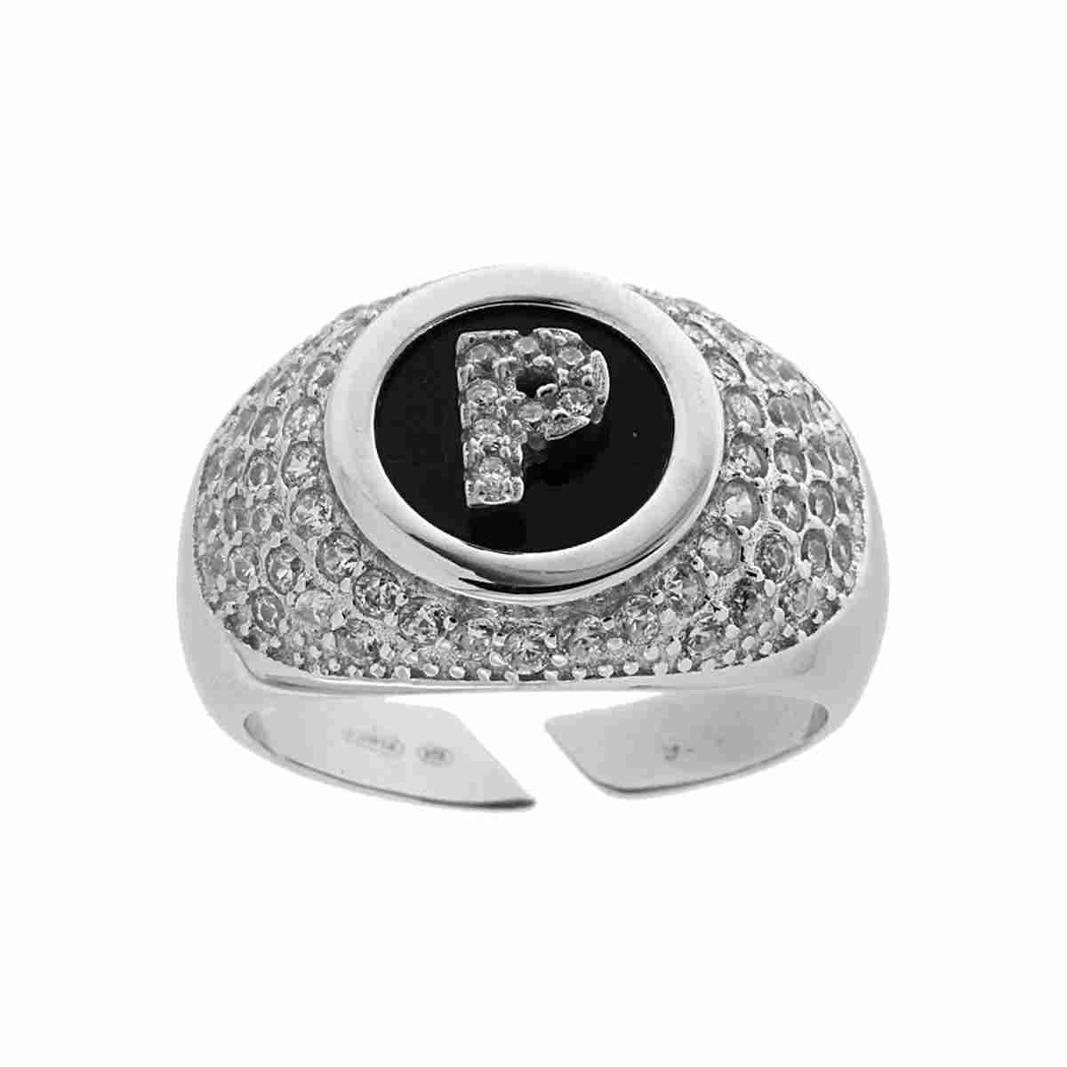 Anello Fascione Zirconi Bianchi con Lettera Zirconi Bianchi su fondo nero in ARGENTO 925 Galvanica Rodio