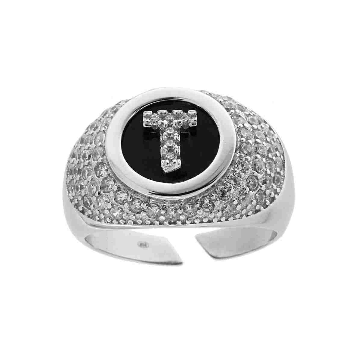 Anello Fascione Zirconi Bianchi con Lettera Zirconi Bianchi su fondo nero in ARGENTO 925 Galvanica Rodio