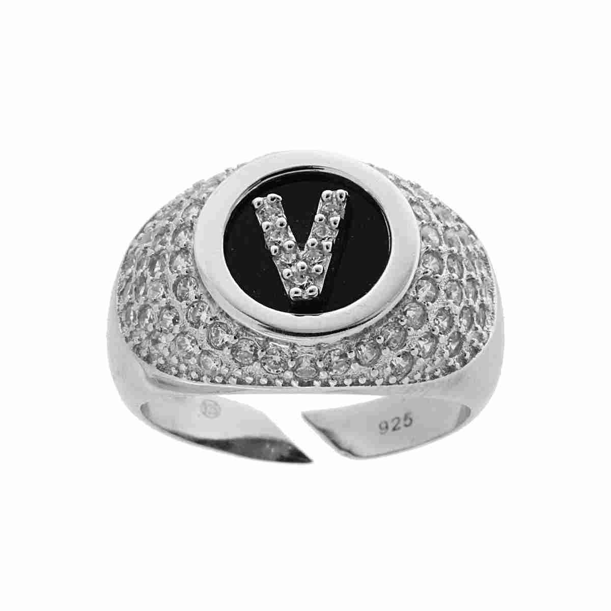 Anello Fascione Zirconi Bianchi con Lettera Zirconi Bianchi su fondo nero in ARGENTO 925 Galvanica Rodio