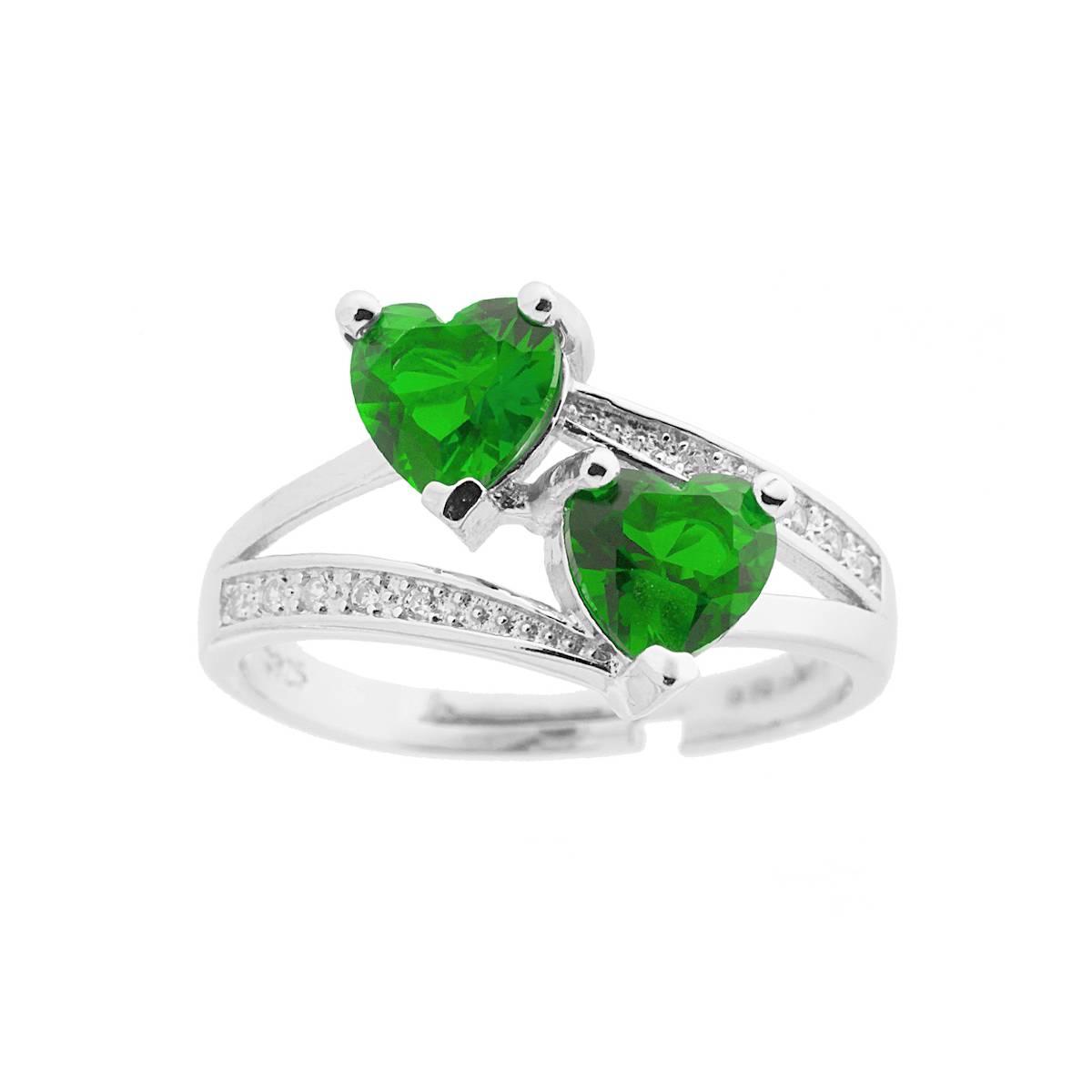 Anello Love Amore doppio Cuore con Cubic Zirconia Verde Smeraldo e Bianchi in ARGENTO 925 Galvanica Rodio
