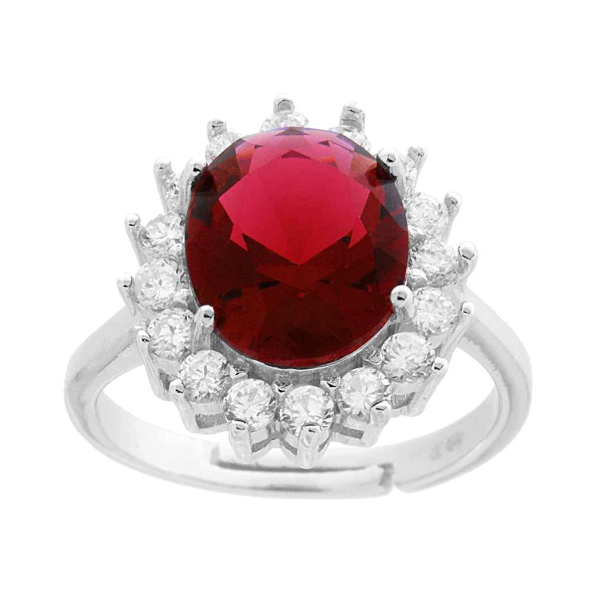 Anello Halo Solitario con Zircone Ovale Rosso Rubino contornato con Zirconi Bianchi in ARGENTO 925 Galvanica Rodio