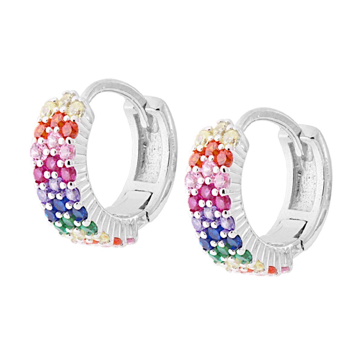 Orecchini Cerchio tre fili con Zirconi Multicolor Rainbow in ARGENTO 925 Galvanica Rodio