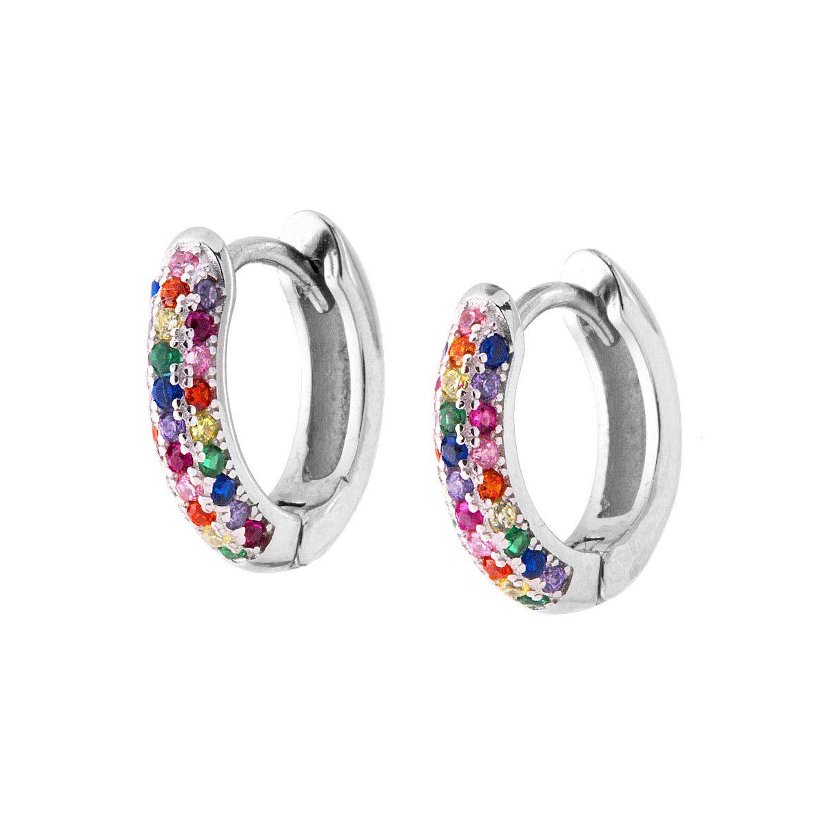 Orecchini Cerchio Scattino mm 15 con Zirconi Multicolor Rainbow in ARGENTO 925 Galvanica Rodio