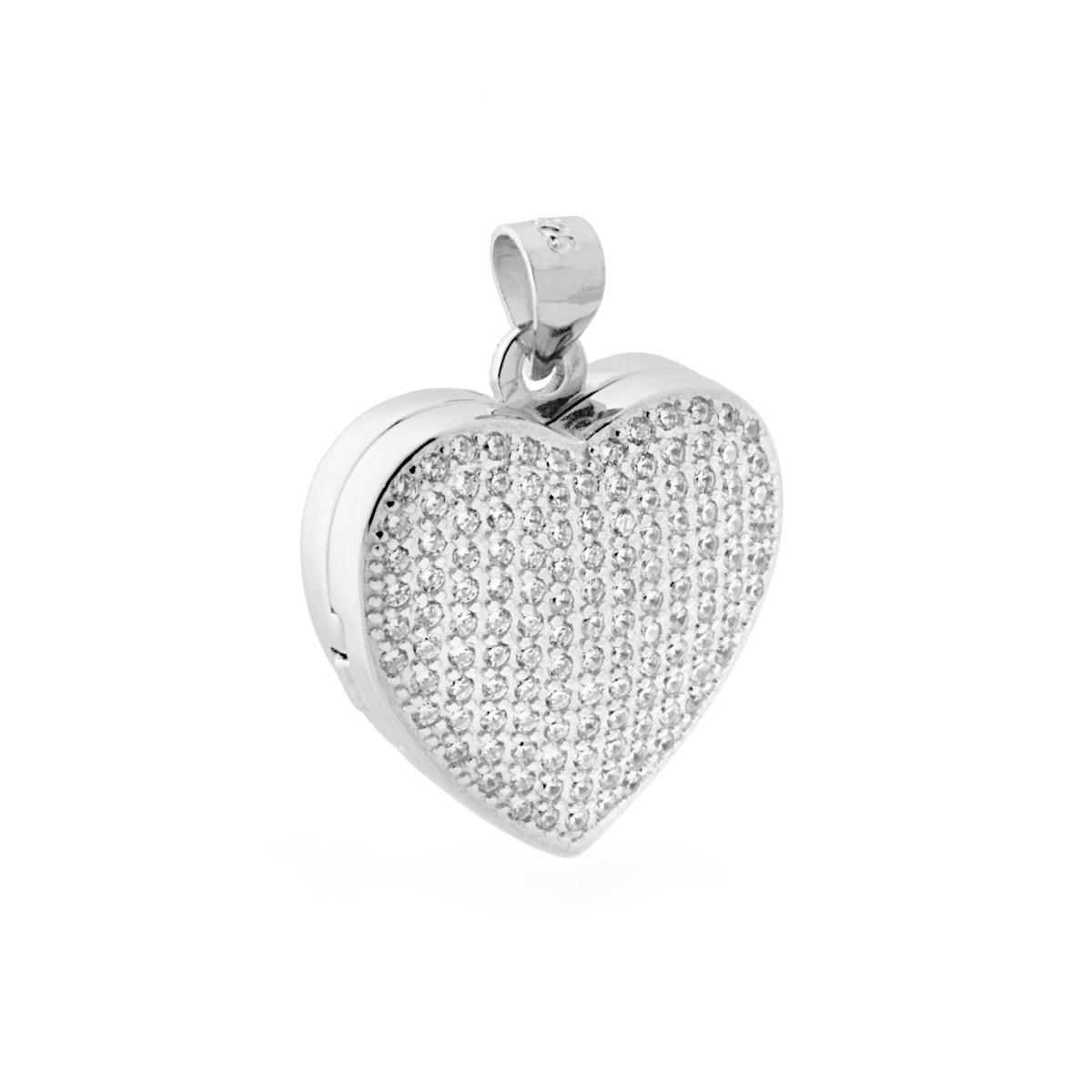 Ciondolo Portafoto o Porta Ricordi a forma di Cuore con Zirconi Bianco in ARGENTO 925 Galvanica Rodio