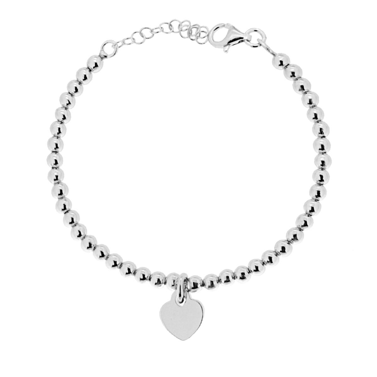 Bracciale Palline mm 4 e Cuore Pendente Plain in ARGENTO 925 Galvanica Rodio