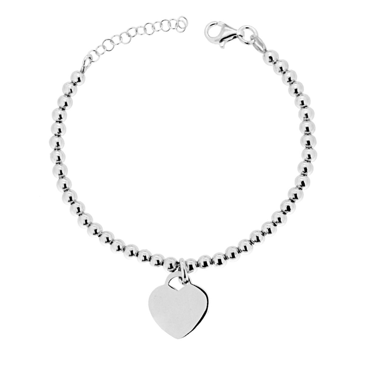 Bracciale Palline mm 4 e Cuore Pendente Plain in ARGENTO 925 Galvanica Rodio