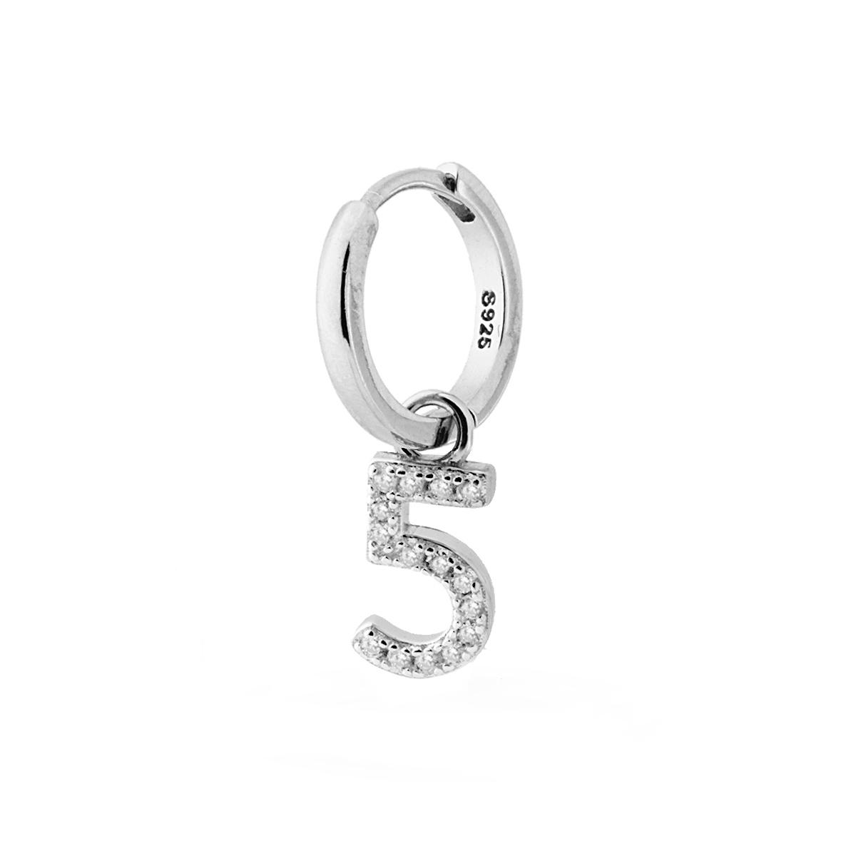 Orecchino Cerchio Boccolo Creola con Numero Cinque pendente con Zirconi Bianchi in ARGENTO 925 Galvanica Rodio