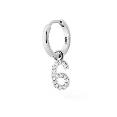 Orecchino Cerchio Boccolo Creola con Numero Sei pendente con Zirconi Bianchi in ARGENTO 925 Galvanica Rodio