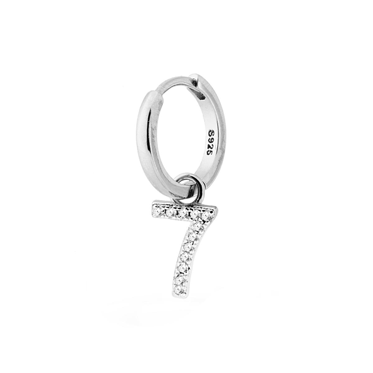 Orecchino Cerchio Boccolo Creola con Numero Sette pendente con Zirconi Bianchi in ARGENTO 925 Galvanica Rodio