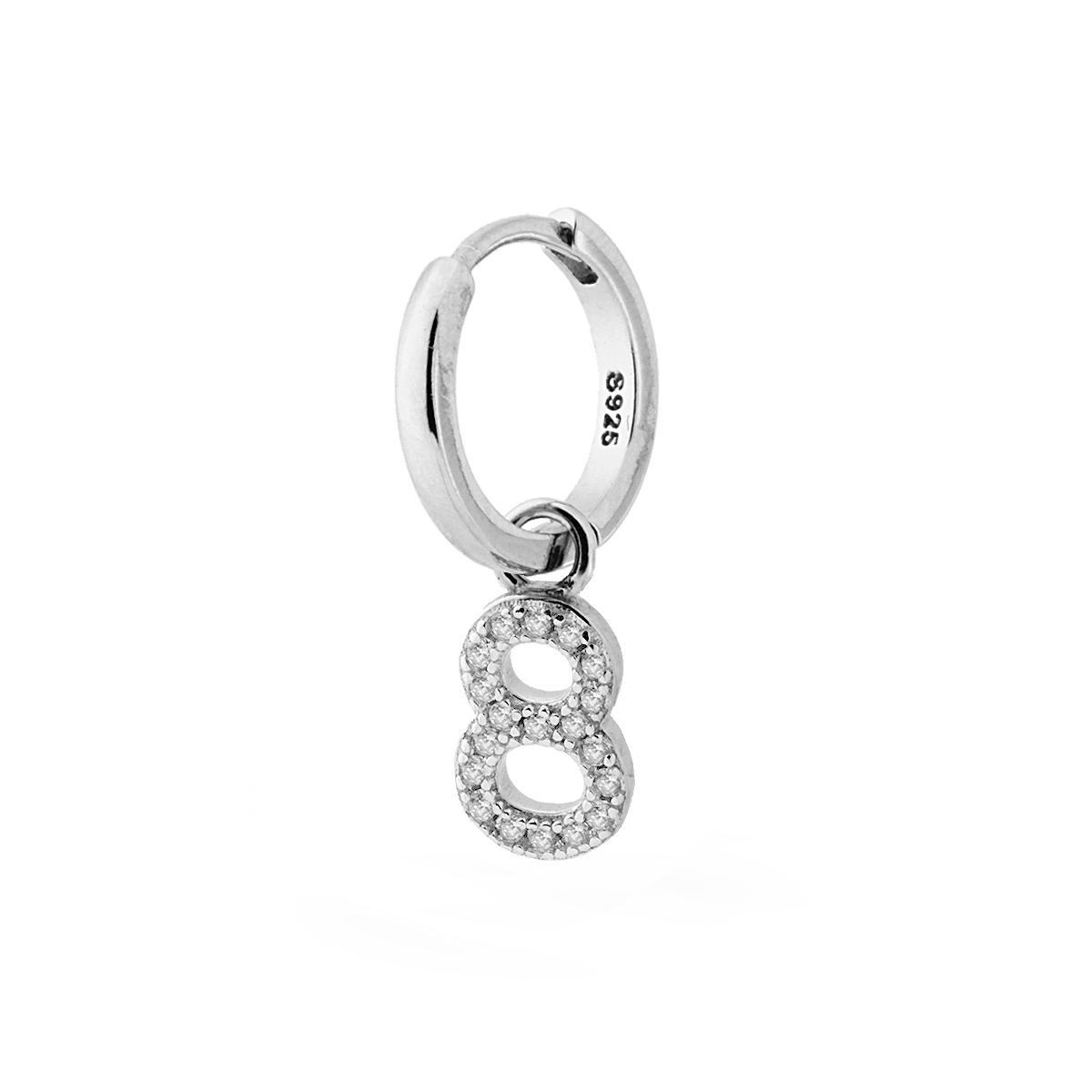 Orecchino Cerchio Boccolo Creola con Numero Otto pendente con Zirconi Bianchi in ARGENTO 925 Galvanica Rodio