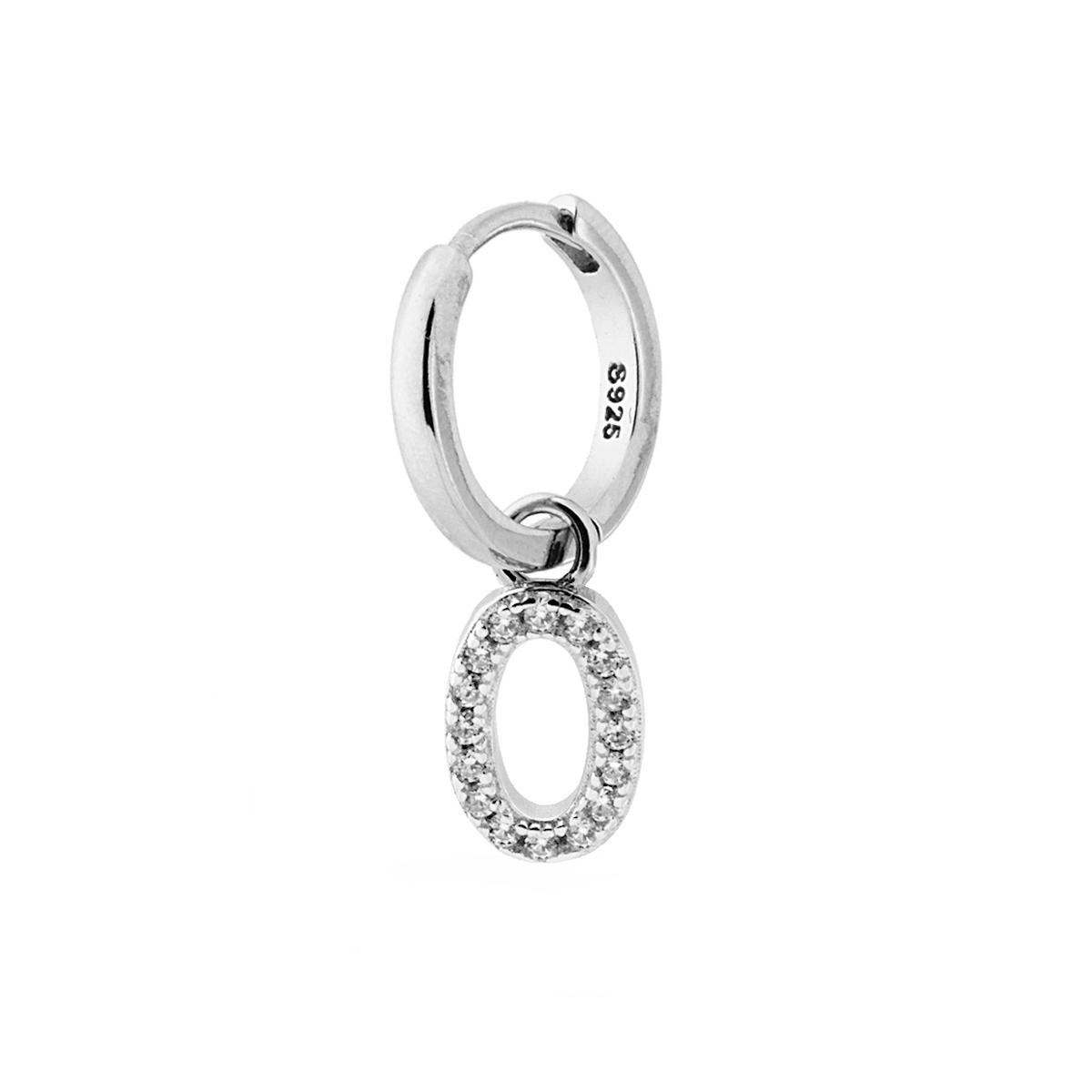 Orecchino Cerchio Boccolo Creola con Numero Zero pendente con Zirconi Bianchi in ARGENTO 925 Galvanica Rodio