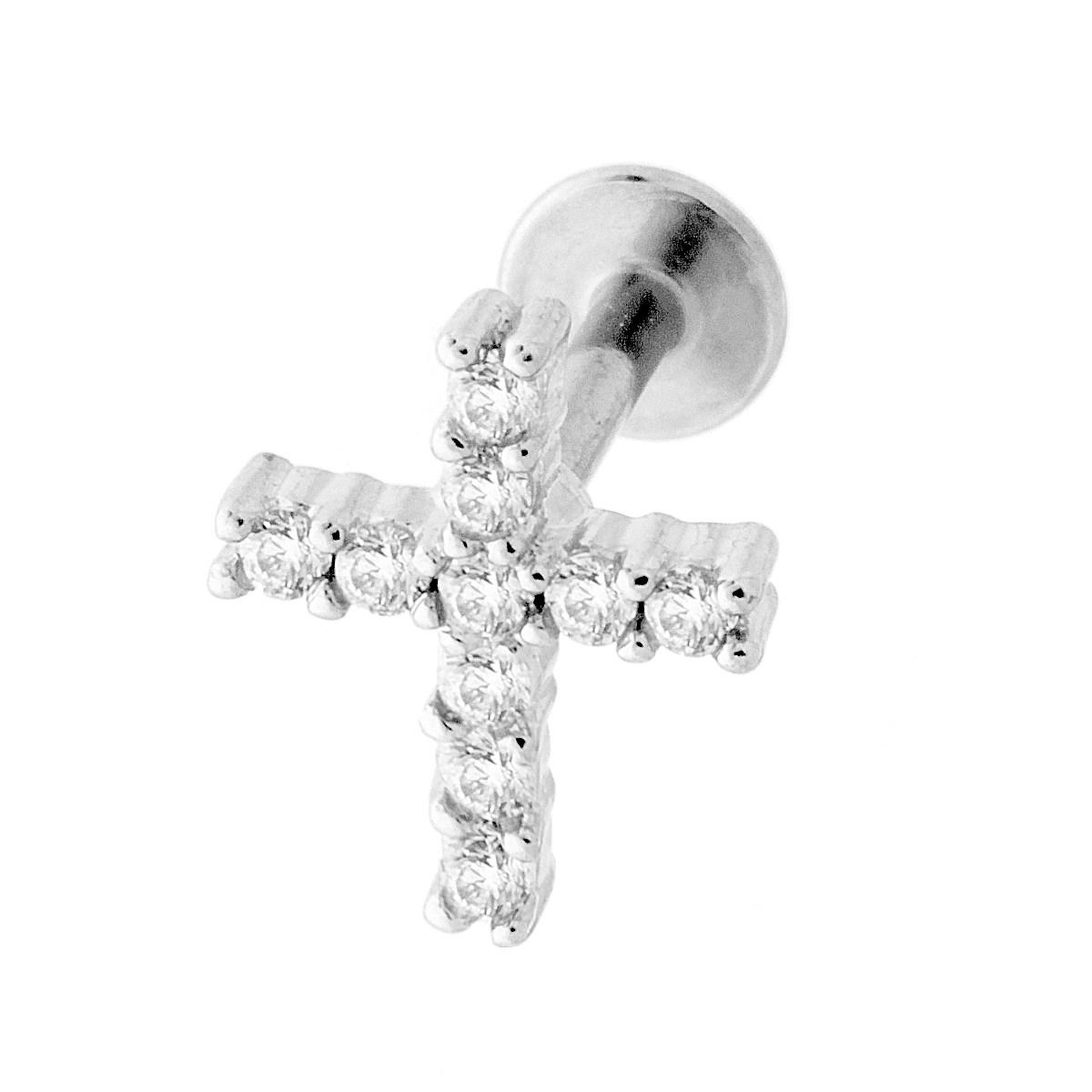 Body Piercing Labret Trago Croce con Crystal Bianchi in ACCIAIO