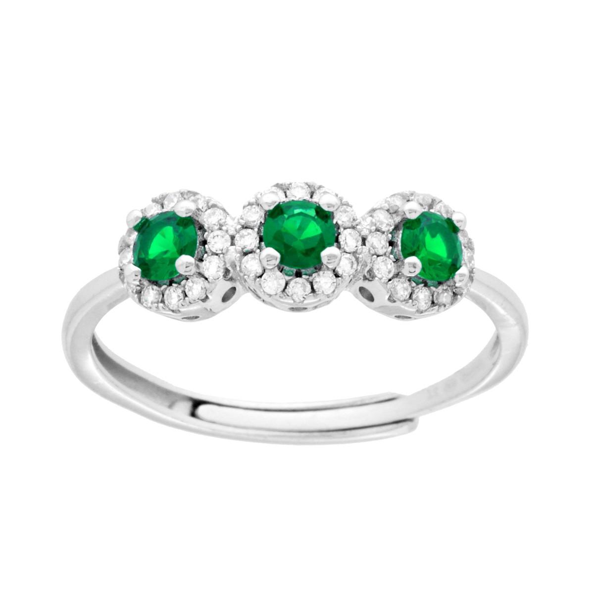 Anello Trilogy con Cubic Zirconia Verde Smeraldo in ARGENTO 925 Galvanica Rodio