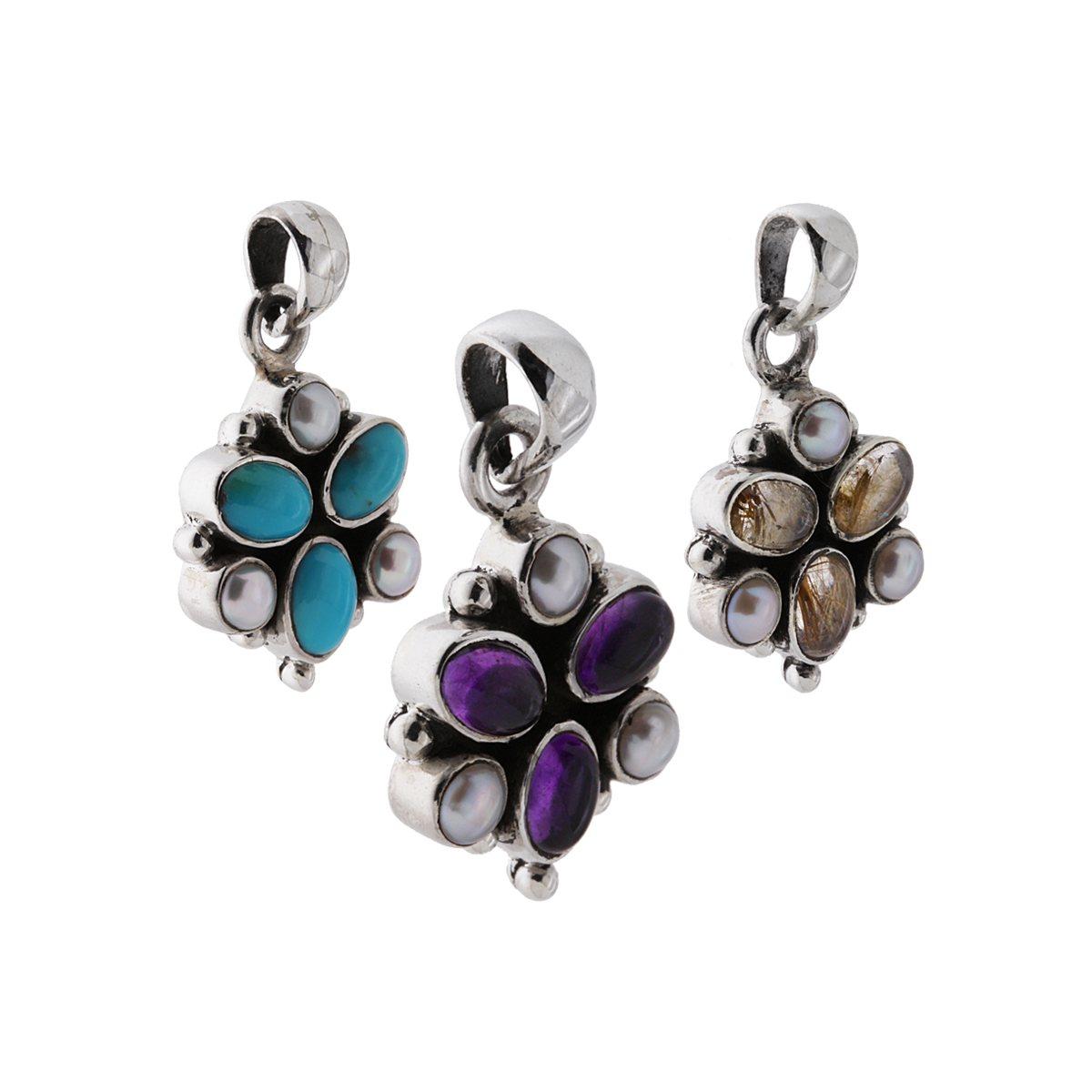 Ciondolo Etnico Trifoglio con Perle e Pietre Naturali in ARGENTO 925