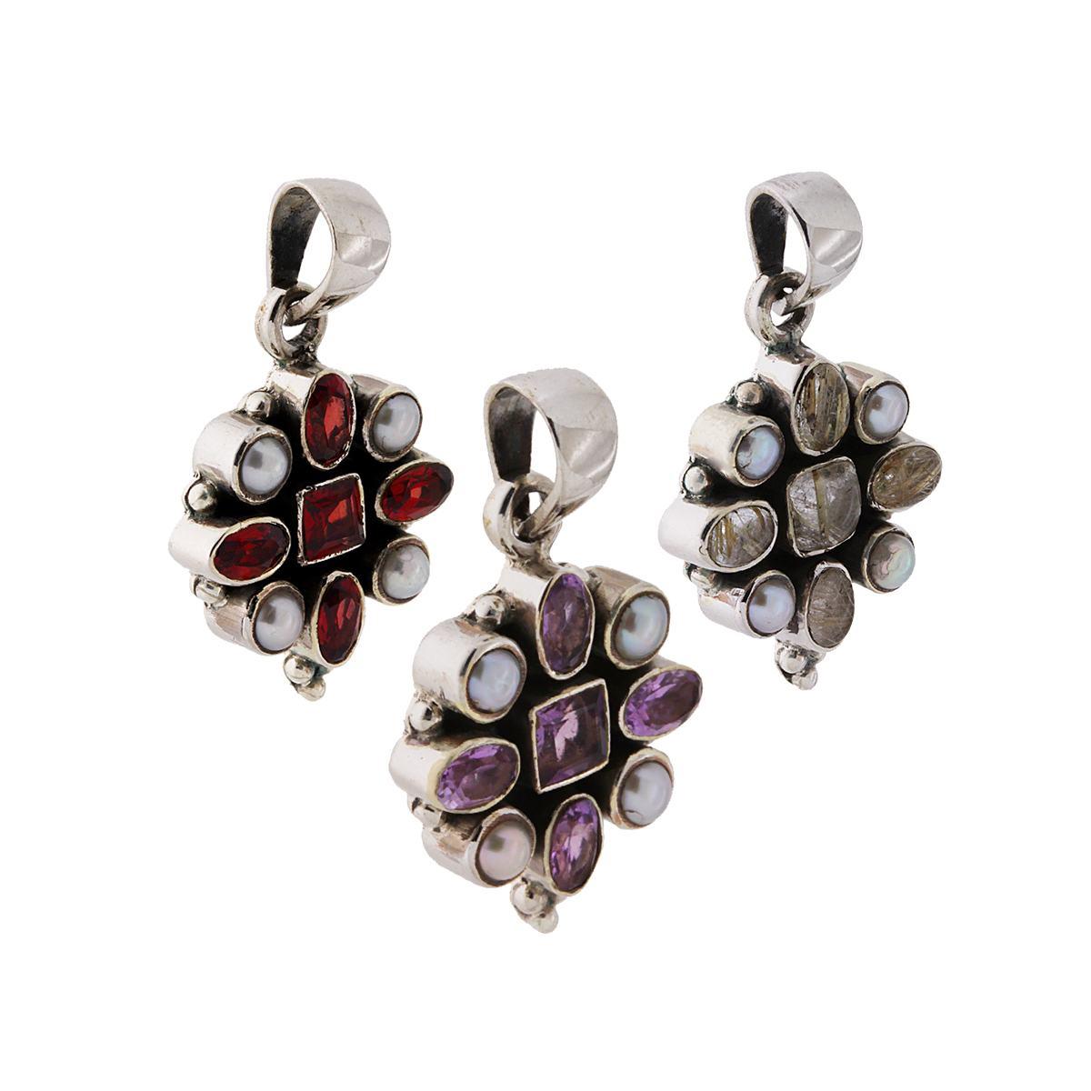 Ciondolo Etnico Fiore con Perle e Pietre Naturali in ARGENTO 925