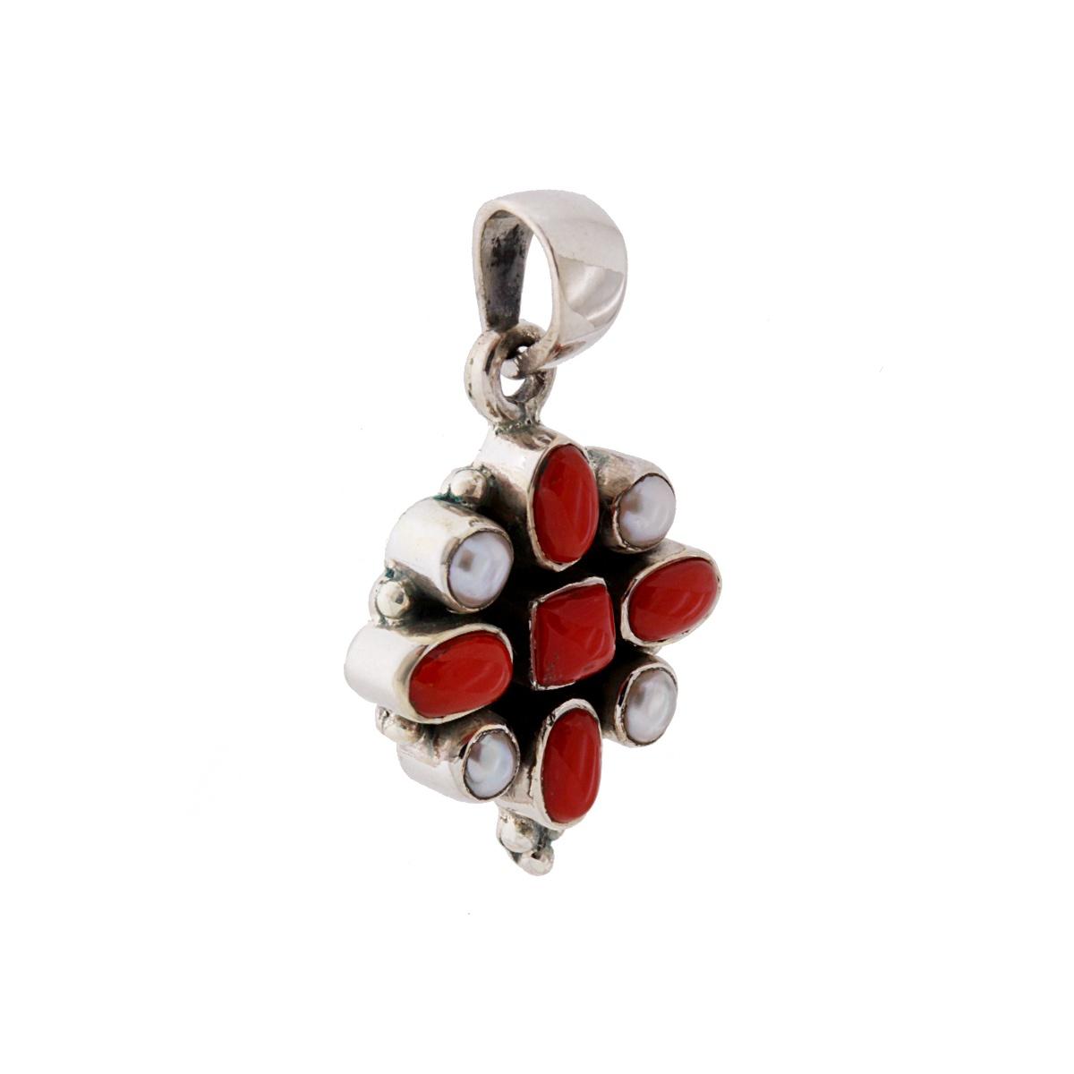 Ciondolo Etnico Fiore con Perle e Pietre Corallo in ARGENTO 925