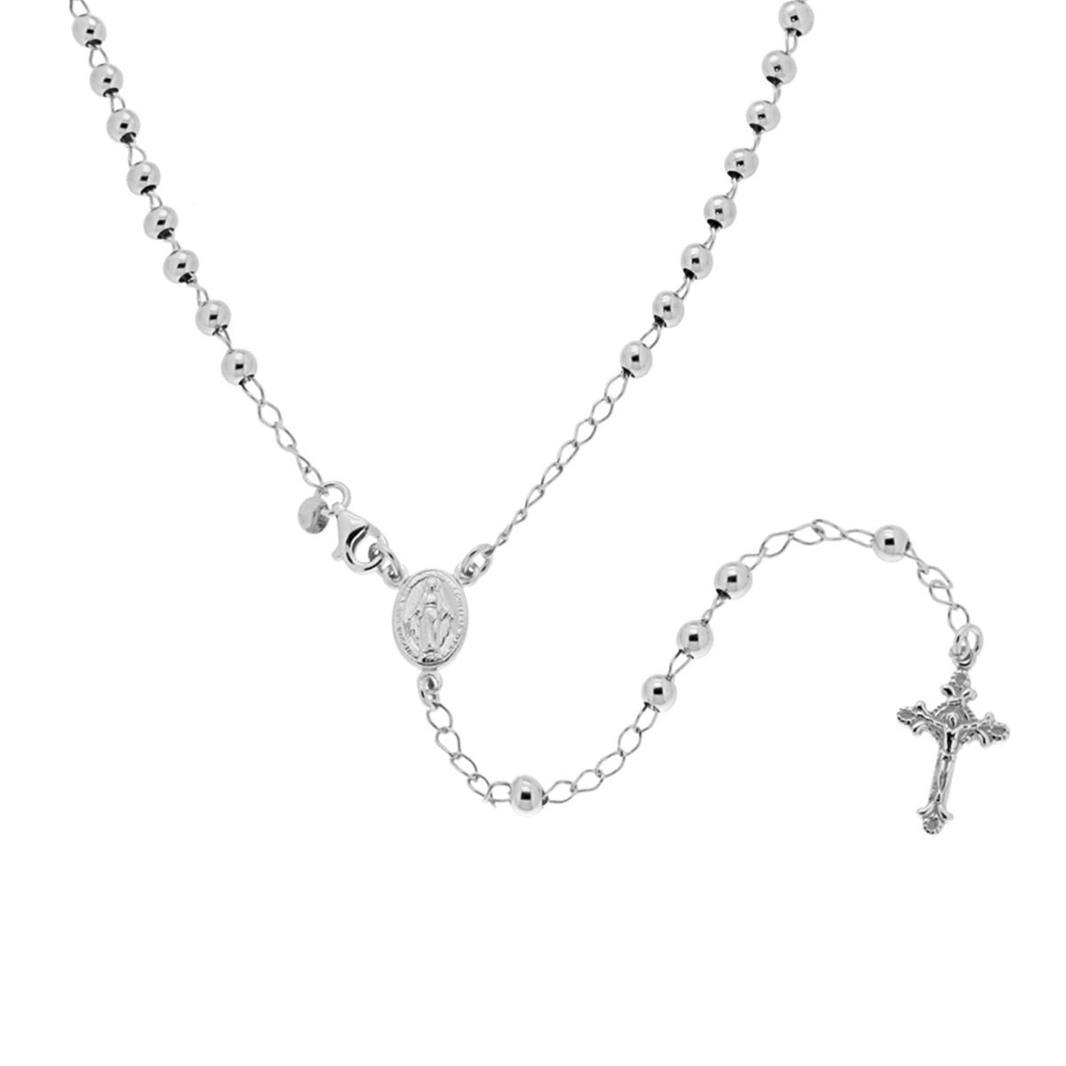 Collana Rosario modello classico cm 50 con Grani a pallina liscia mm 4 in ARGENTO 925 Galvanica Rodio