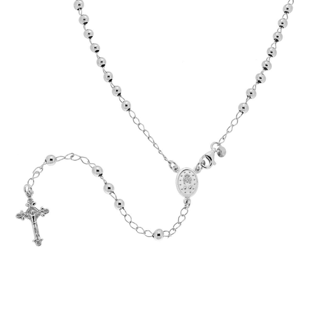 Collana Rosario modello classico cm 50 con Grani a pallina liscia mm 4 in ARGENTO 925 Galvanica Rodio