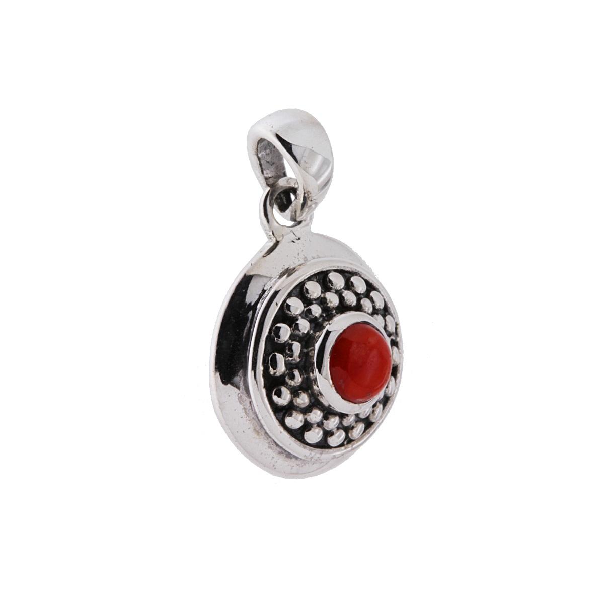 Ciondolo Etnico Tondo Sole e Pietra Corallo in ARGENTO 925